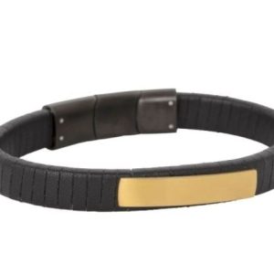 By Billgren”Läderarmband, Gravyr, Stålbricka, Svart, Guld” – Armband