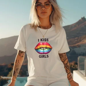I Kiss Girls – Pride T-shirt med regnbågsläppar (Unisex)